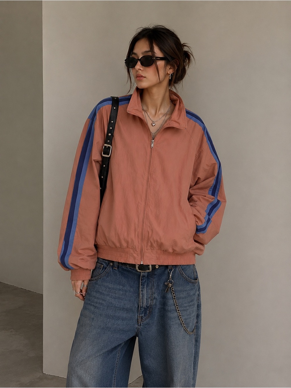 Urban Outfitters Dusty Rose Bomber Jacket with Blue Stripes